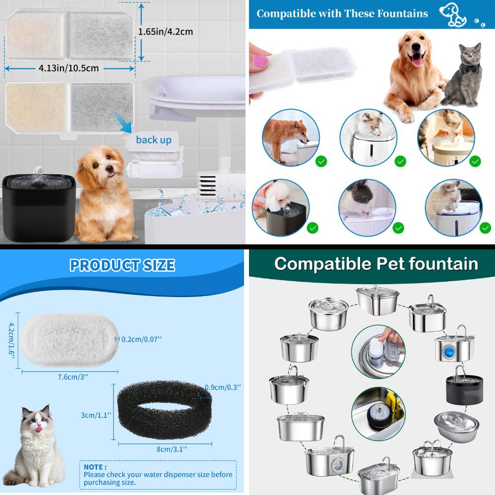 Dog Water Fountain Filter Replacement 6/12Pack Rectangle Carbon Filters for Large Capacity Automatic Pet Fountain