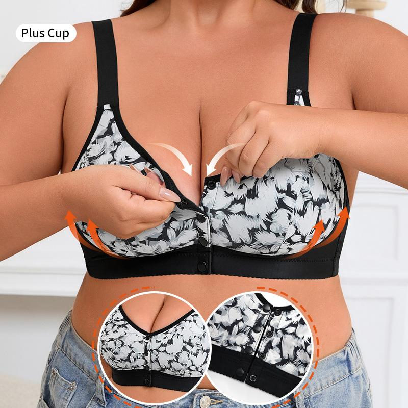 36-52 Super Large Size Bra European and American Size Adjustable Shoulder Strap No Steel Rim Printed Front Buckle Large Size Underwear