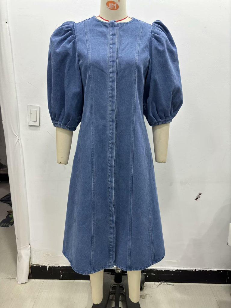 Elegant Denim Midi Dress: European & American Style, Round Neck, Short Sleeve