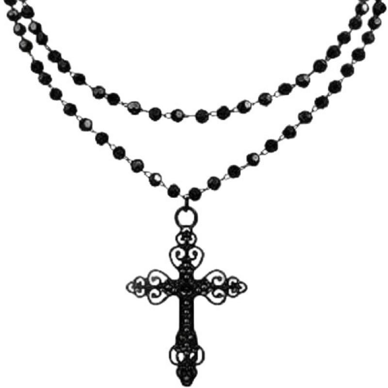 Gothic Layered Black Cross Necklace – Fashionable Vampire Beaded Design