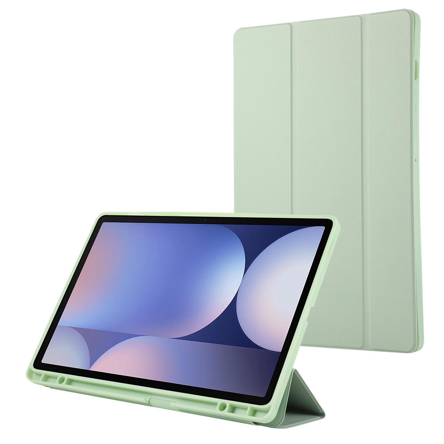 

For Samsung Galaxy Tab S10+ Case with Pen Slot Solid Color Tri-Fold Stand PU Leather+TPU Tablet Cover A