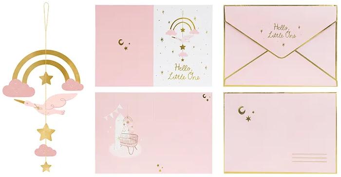 Pink Baby Shower Card with Stork Pendant 14x20