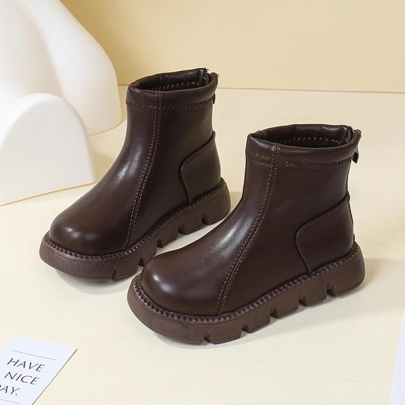 

Winter Children s Boots Black Brown Versatile Girls Platform Ankle Boots Simple Classic Kids Causal Plush Boots Zipper 26 коричневый