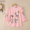 Women Casual Round Neck Loose Print 3/4 Sleeve Blouse