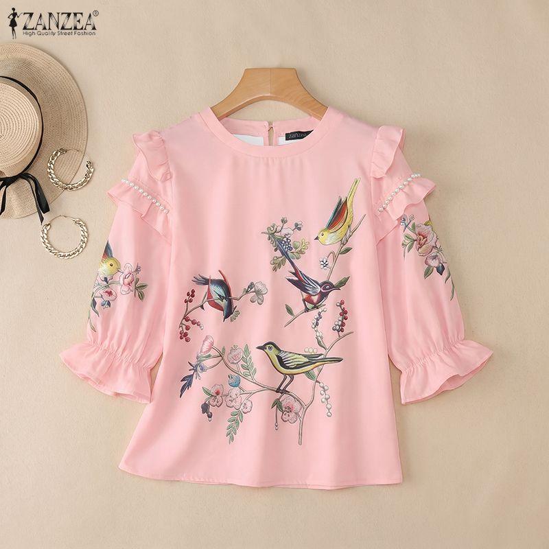 ZANZEA Women Casual Round Neck Loose Print 3/4 Sleeve Blouse
