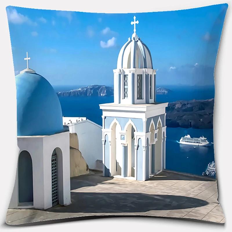 45x45cm Nordic Blue and White Castle Scenery Pillowcase Comfortable Sofa Seat Cushion Cover Hotel Home Decor Embrace Pillowcase