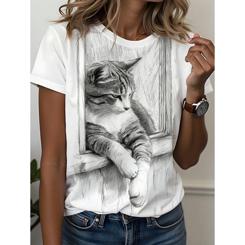 Funny Women's Cat Graphics T-Shirt Cute 3D Print Tees Fashion Tops Short Sleeves O-Neck T-Shirts Street Summer Woman Clothing