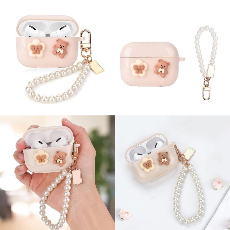 Shockproof Silicone Case With Detachable Pearls Chain for 3 Wireless Earbuds Cute 3D Bears Design