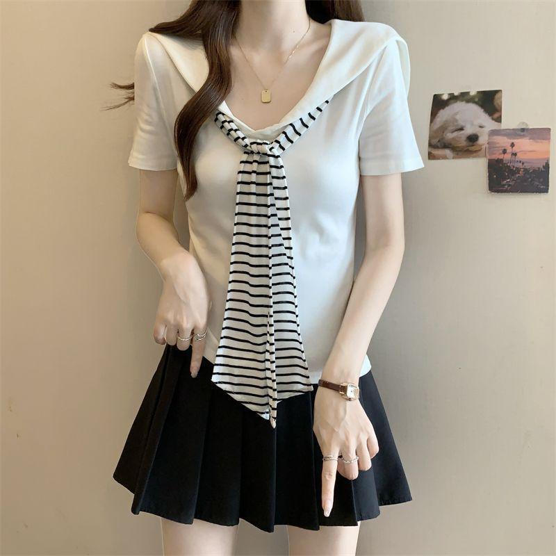 Women's Plus Size Navy Striped Collar Short Sleeve T-Shirt - Summer Versatile Loose Fit, Slimming Fashion Top