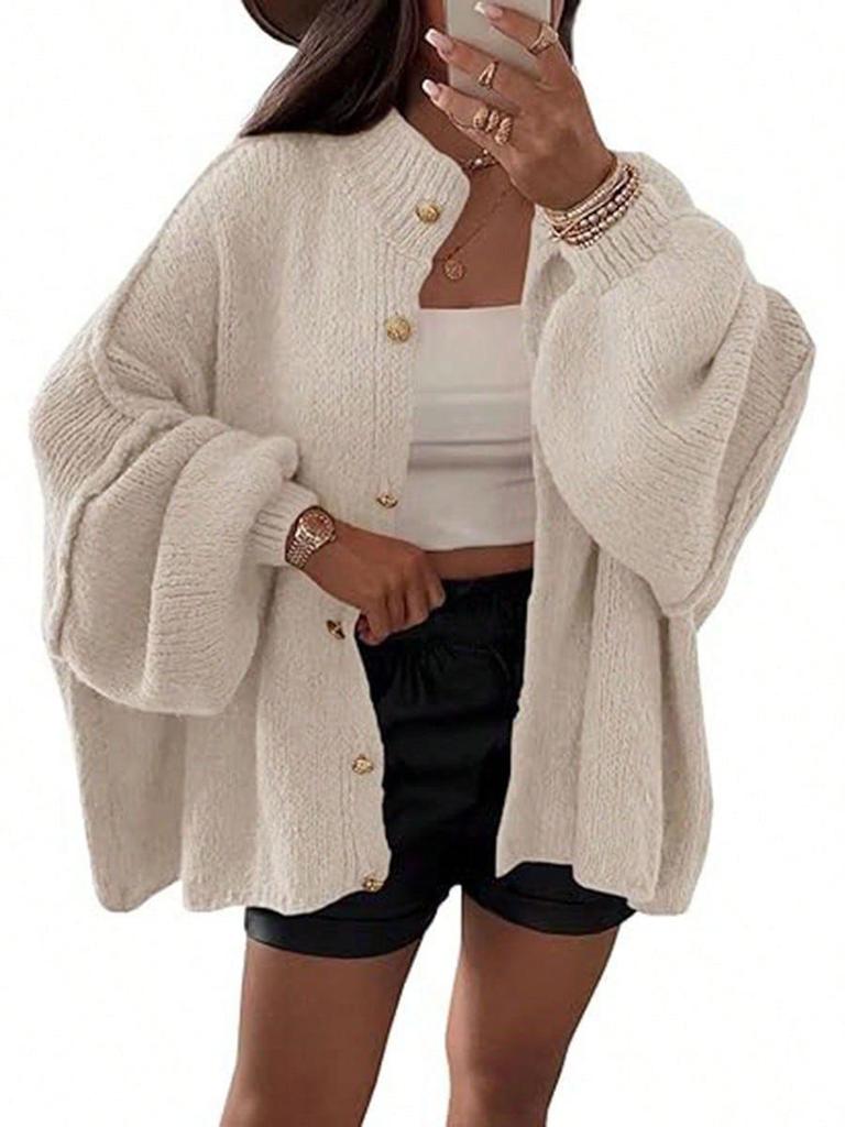 Autumn/Winter Solid Color Knit Button Cardigan with Large Sleeves - Casual Style