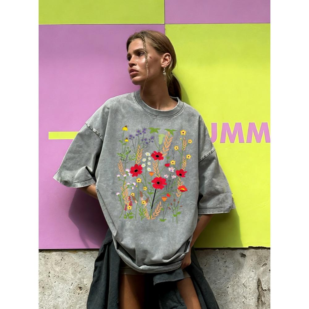 Flowers Of Various Colors Print Women Washed T Shirts Hip Hop Summer T-Shirt Loose Short Sleeves Cotton Streetwear
