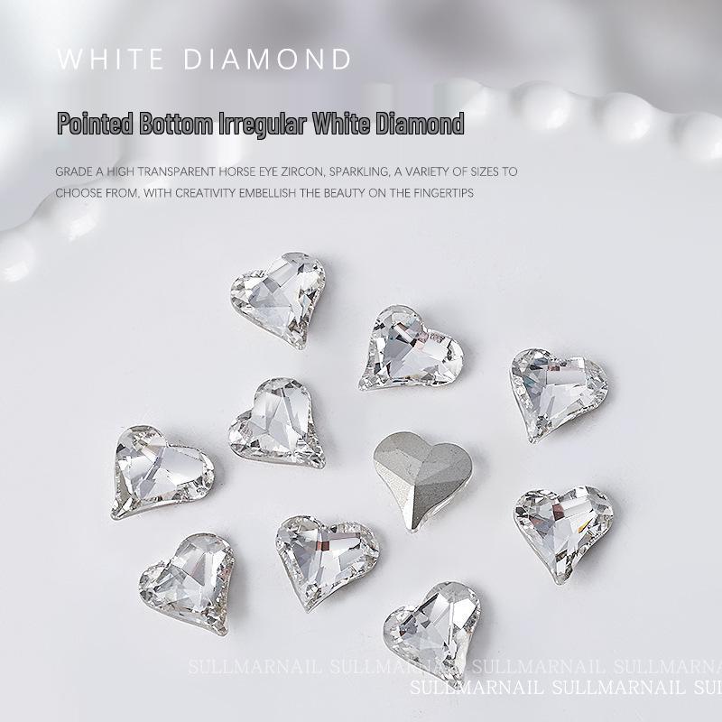 Nail Art Rhinestones Set: Heart, Crooked Heart, White Diamond, Peach Heart, Square, and Transparent Shapes (10 Pieces)