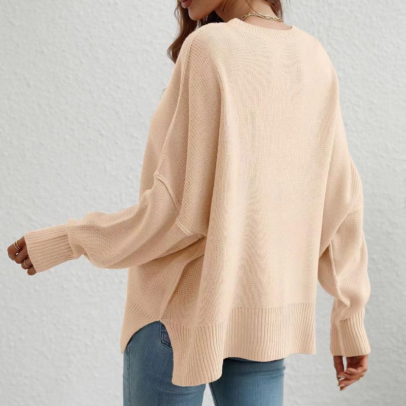 IHUASU Autumn and Winter Fashion Women's O-Neck Knit Loose Split Pullover Sweater