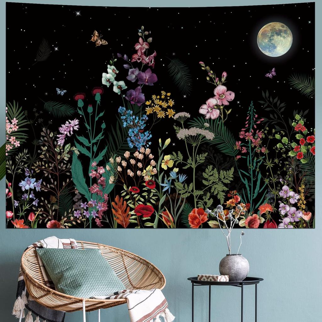 Generleo Floral Plants Tapestry Galaxy Moon Tapestries Vintage Boho Flower Butterfly Tapestries Black Starry Sky Nature Landscape Tapestry Wall