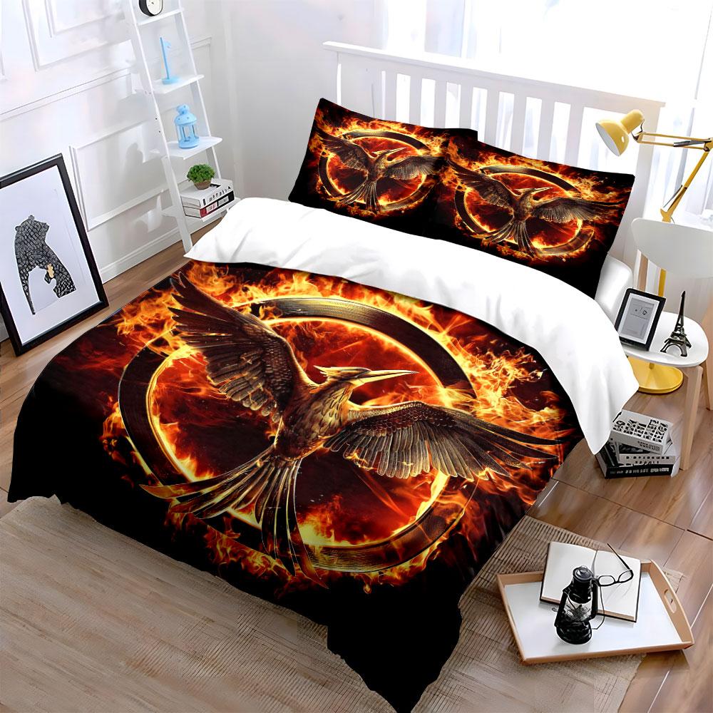 Fiery Flame Bedding Set Dark Burning Fire Bird Sci-Fi Symbol Print Duvet Cover Set Cool Bed Cover For Teen Boys Movie Fans