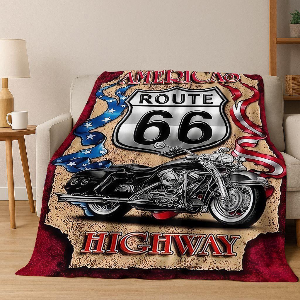 Retro Route 66 Road Trip America Historic Mother Road Art Flannel Blanket,Cozy Soft Throw Blanket for Home Bedroom Bed Sofa Gift