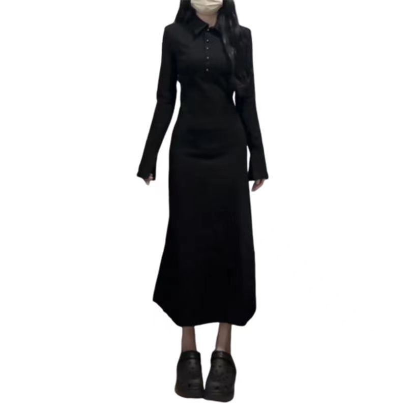 New temperament long-sleeved dress, black is popular today, autumn and winter shirt skirt, medium and long dress.