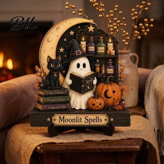 Decorative Wood Display Stand Halloween Reading Ghost Figurine, Retro Wooden Statue, Vintage Desktop Niche Gothic Room Accessories Ornament