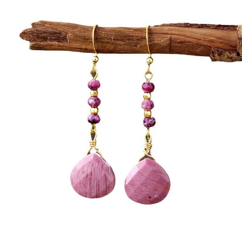 New niche high-end women's natural stone red pattern amethyst water drop earrings, earrings, Korean designer jewelry.