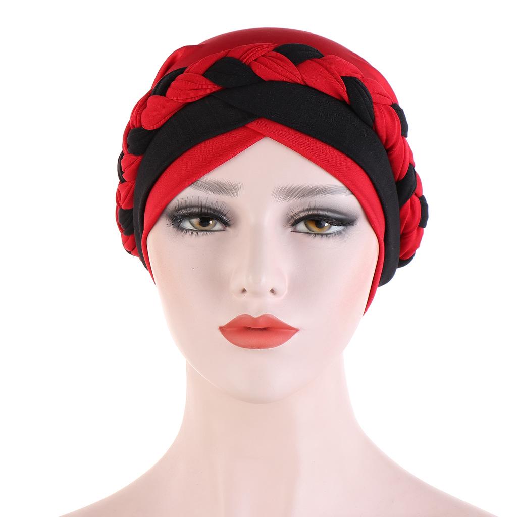 Two-Tone Patchwork Milk Silk Bandana Hat with Short Braid and Hidden Hair Wrap for Muslims