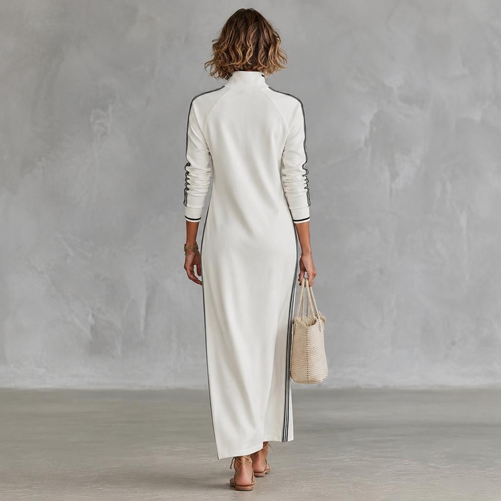 Women's Piping Button Collar Long Hoodie Dress for Casual Daily Wear