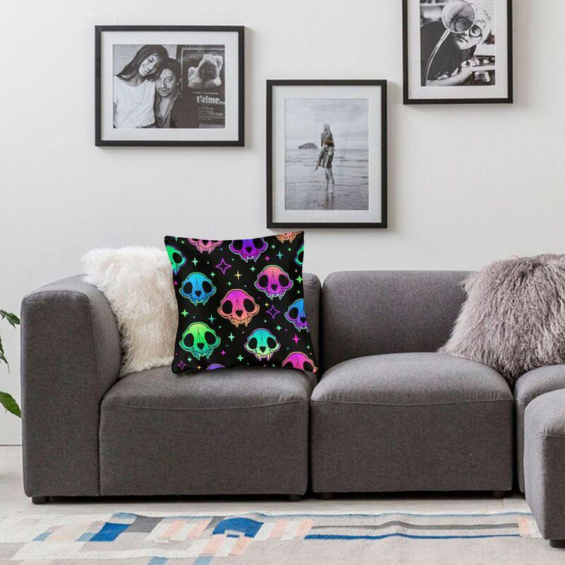 Halloween Neon Cat Skull Stars Pattern Square Pillowcover Home Decorative Cushions Throw Pillow For Sofa Double-Sided Printing
