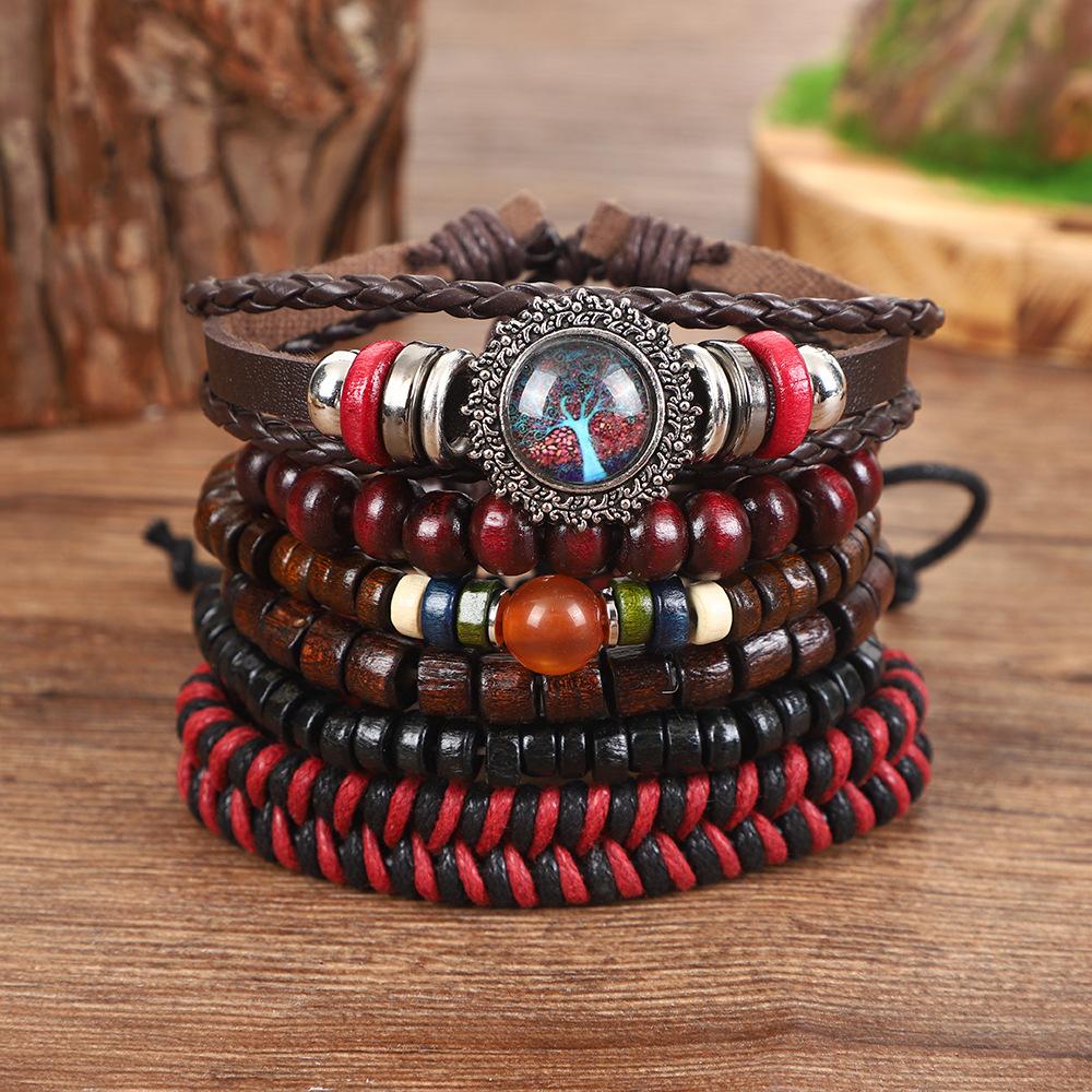 Vintage Multi-layer Cowhide 6-piece Bracelet Set Bohemian Handmade Beaded Woven Bracelet бордовый