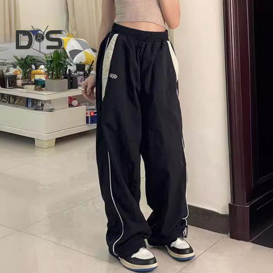 Women Summer Casual Pants Elastic High Waist Straight Wide Leg Long Trousers Contrast Color Pockets Sport Pants Streetwear