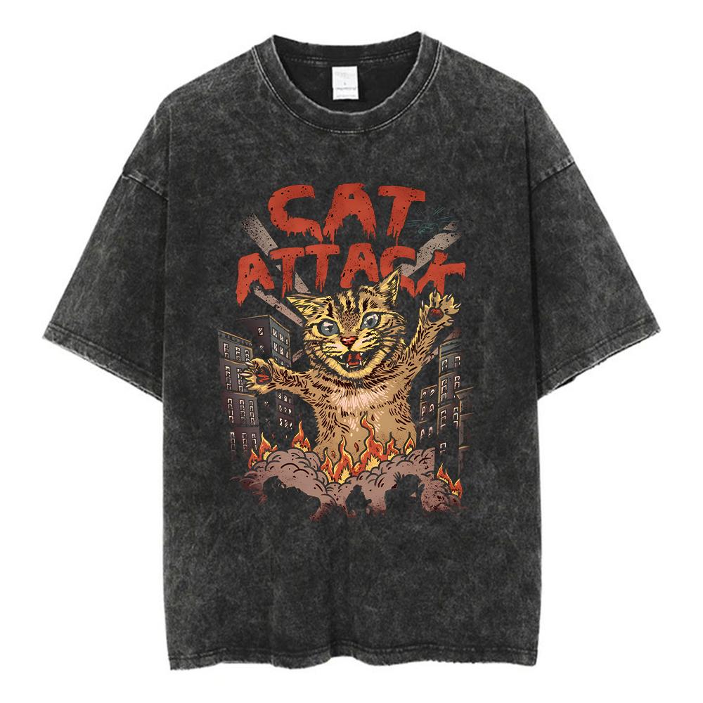 Animal Printed T Shirt Men Retro Washed 100% Cotton Tops Tees Harajuku Tshirt Streetwear Male Acid T-shirts Unisex
