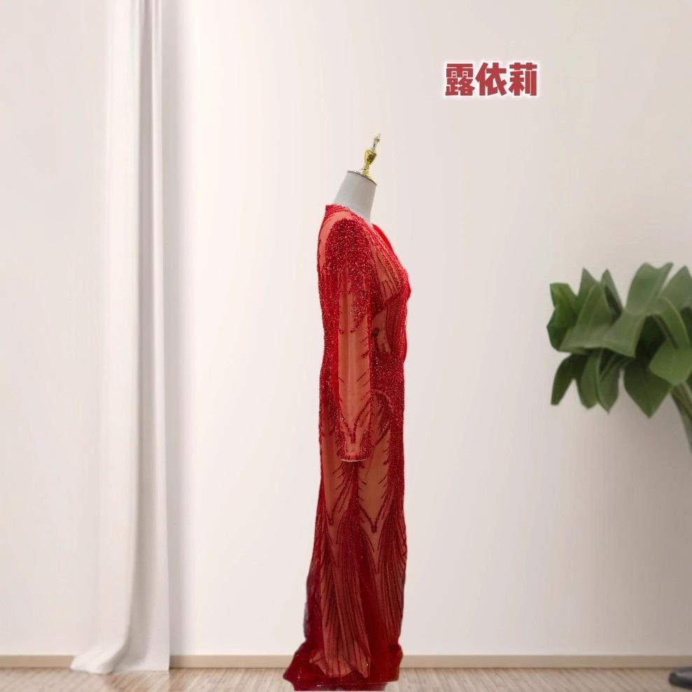 European and American sexy heavy industry embroidery beads long sleeves and ground dinner party dress dress