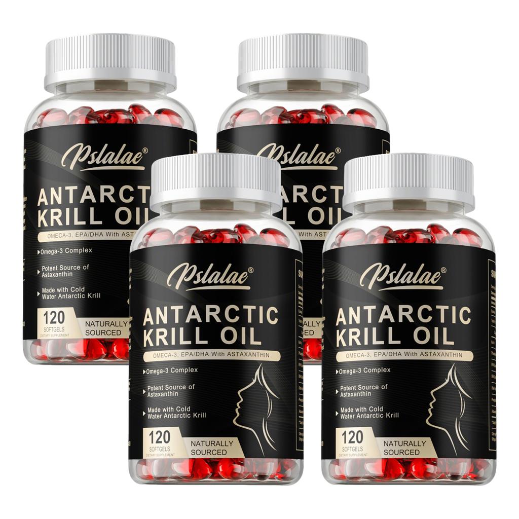Antarctic Krill Oil Softgels, Omega-3 Supplement; contains EPA, DHA, phospholipids, and astaxanthin; suitable for adults.