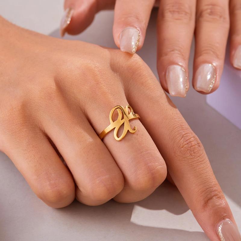 Initial Letter Rings for Women Gold Color Stainless Steel A-Z Letter Adjustable Ring Aesthetic Wedding Christmas Jewelry Gift