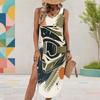 Women Plus Size White Sleeveless U Neck Cartoon Printed Long Dress High Side Slit Curved Hem