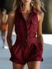 2026 Summer Sleeveless V-Neck Button-Front Women's Western Style Jumpsuit Shorts