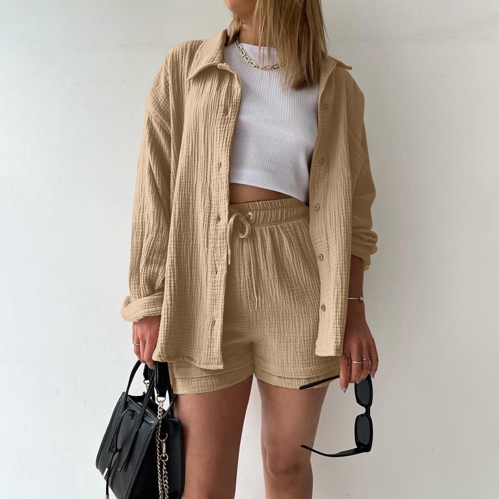 Two Piece Women's Summer Muslin Blouse Shirt And Shorts Clothes Two Piece Set Beach Outfit Set Two Piece Set Women