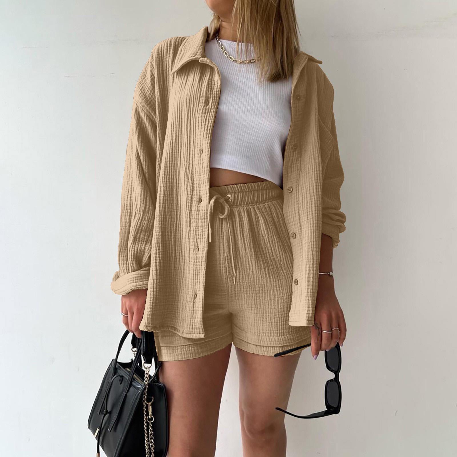 

Women s Casual Two-Piece Set Button-Down Shirt and Elastic Waist Shorts Lightweight Cotton Hot L хакі