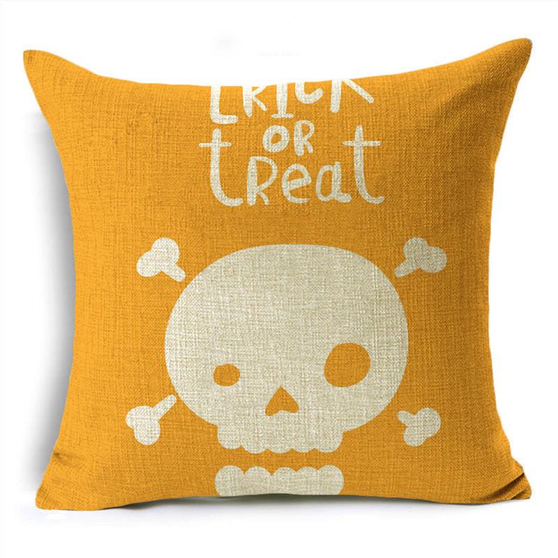 Trick Or Treat Yellow Halloween Cartoon Skull Pumpkin Linen Throw Pillowcase Decorative Cushion Cover For Sofa Living Room Party