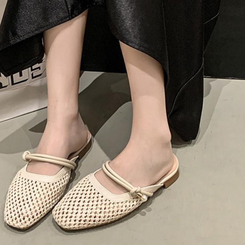 Women Dress Shoes Women's Square Toe Hollow Out Sandals Woman Slipper Designer Flat Elegant Shoe  Inner Layer 2025
