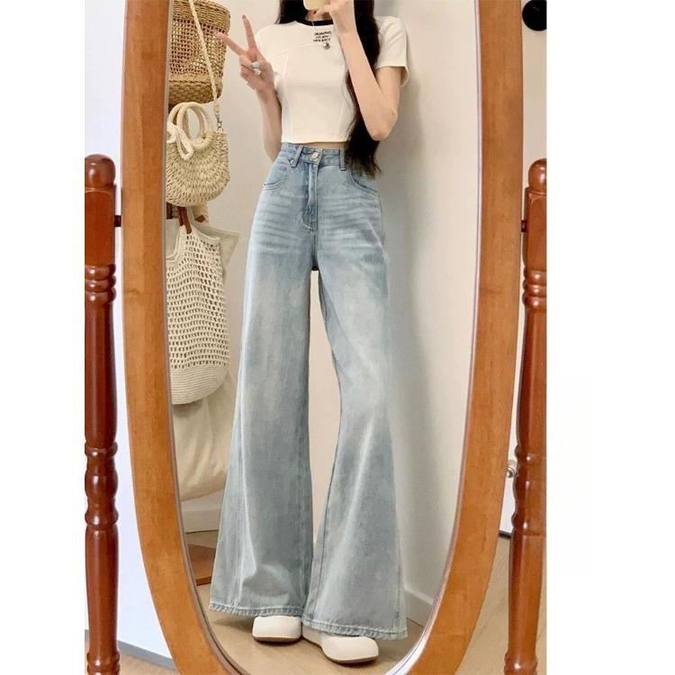 Light Blue Flared Jeans Women Mid Waist Loose Fit Stretchy Denim Pants Casual Trousers