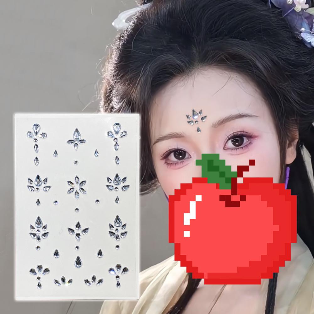 Diadema Rosso con Strass sulla Fronte e Adesivi Decorativi per il Viso in Stile Antico per il Trucco Hanfu
