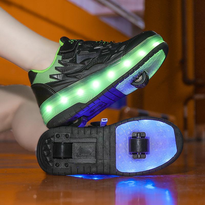 Direct sales double wheel runaway shoes children runaway shoes shrink girls boys roller skates charging flash skates