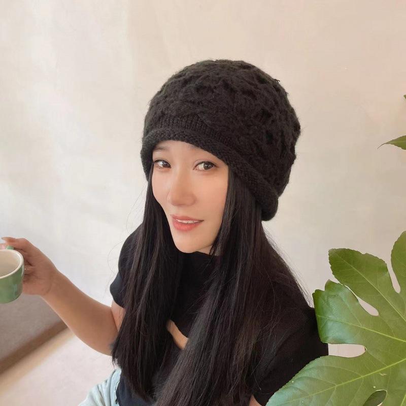 Handmade crochet hat women's autumn and winter versatile warm soft flower pullover hat double-layer knitted wool hat head hat