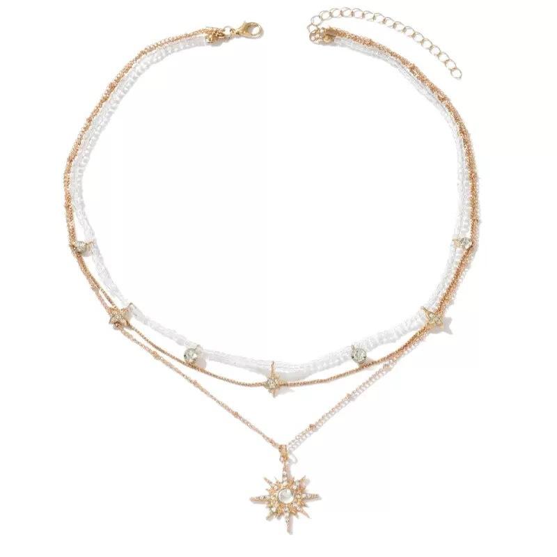 Vintage Gold Sunflower Star Multi-layer Necklace, Retro Sweet Cool Light Luxury Clavicle Chain