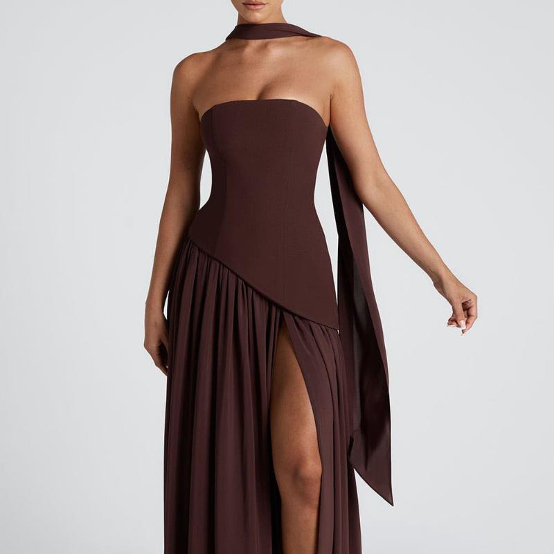 European and American spring/summer color blocked women's strapless slimming style street off shoulder dress