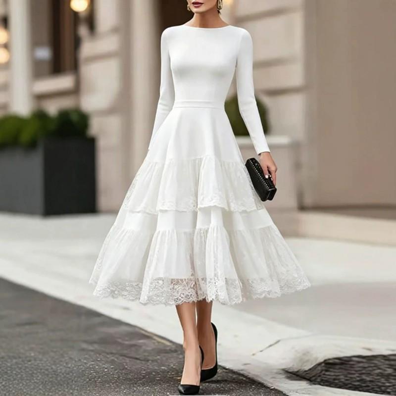 Elegant French Round Neck Solid Color Long Sleeve Mesh Panel Fit-and-Flare Dress Women