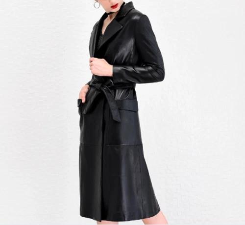 BLACK Halloween Formal  Women's Trench Coat Genuine Soft Lambskin Leather Stylish