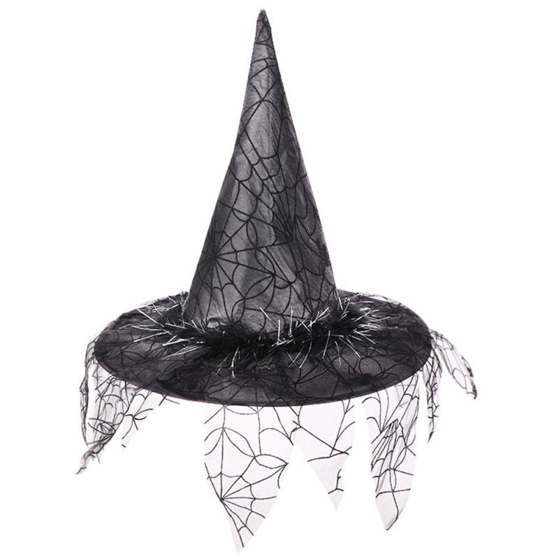 New! Halloween Costume Witch Hats Steeple Top Spider Web Pattern Mesh Wizard Makeup Props Cosplay Prom
