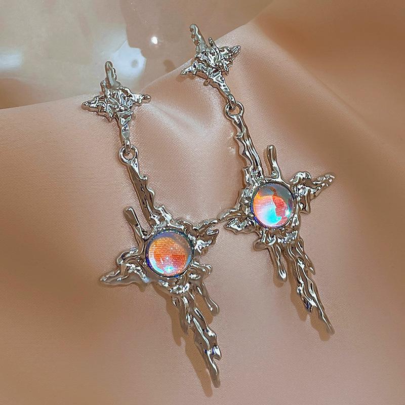 Fashion Moonstone Drop Earrings Metal Cross Earrings Young Girl Trend Metal Cross Moonstone Drops Earrings Jewelry Wholesale