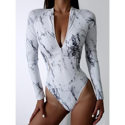 Costume da bagno intero con cerniera stampa estiva Costume da bagno chiuso a maniche lunghe Costume da bagno da spiaggia per donna Surf sportivo