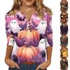 Women's Halloween Printed V-Neck Short Sleeve Tunic with Button and 3/4 Sleeves for Casual Fall Wear